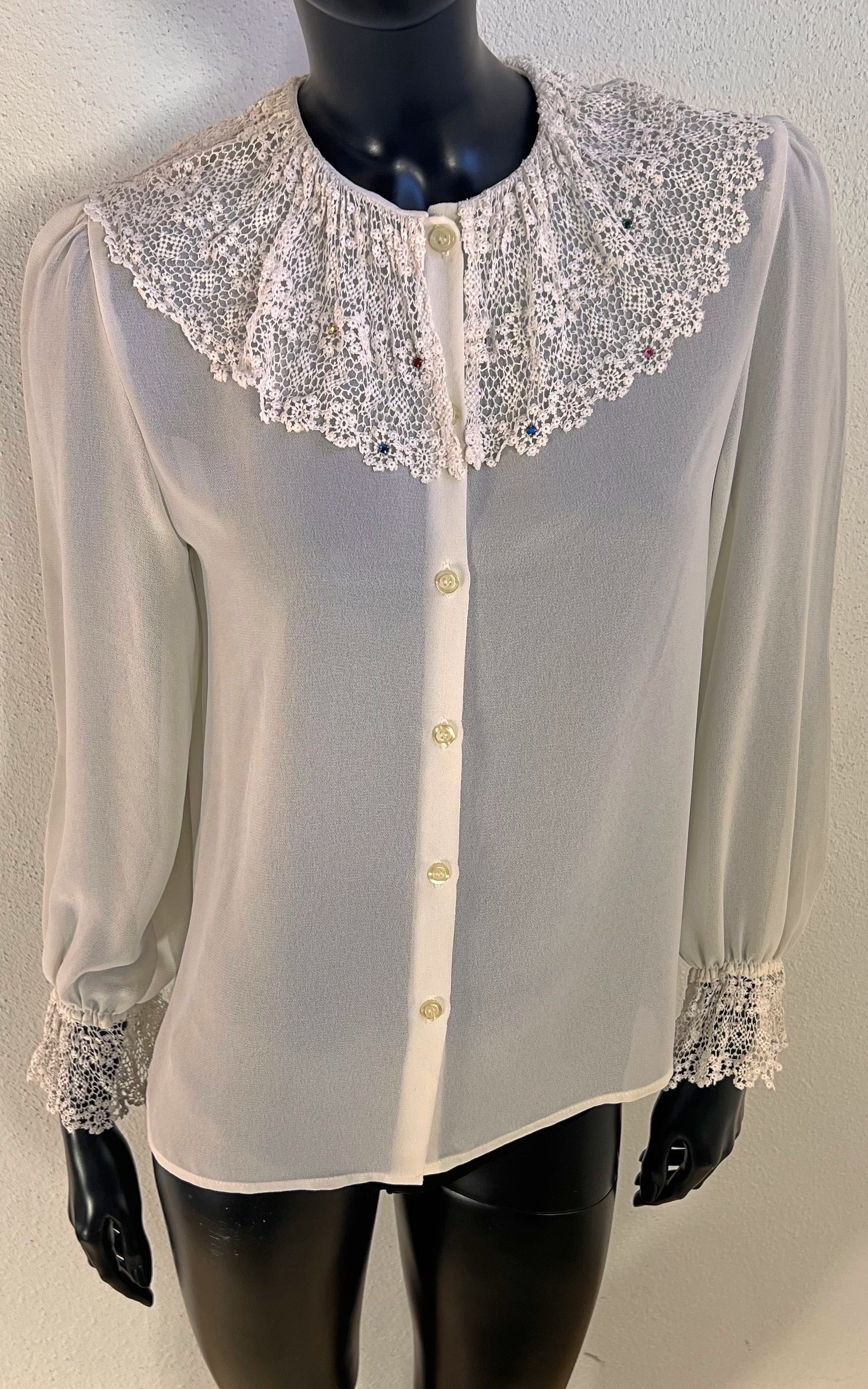 Vintage Lace Collar Blouse with Rhinestones