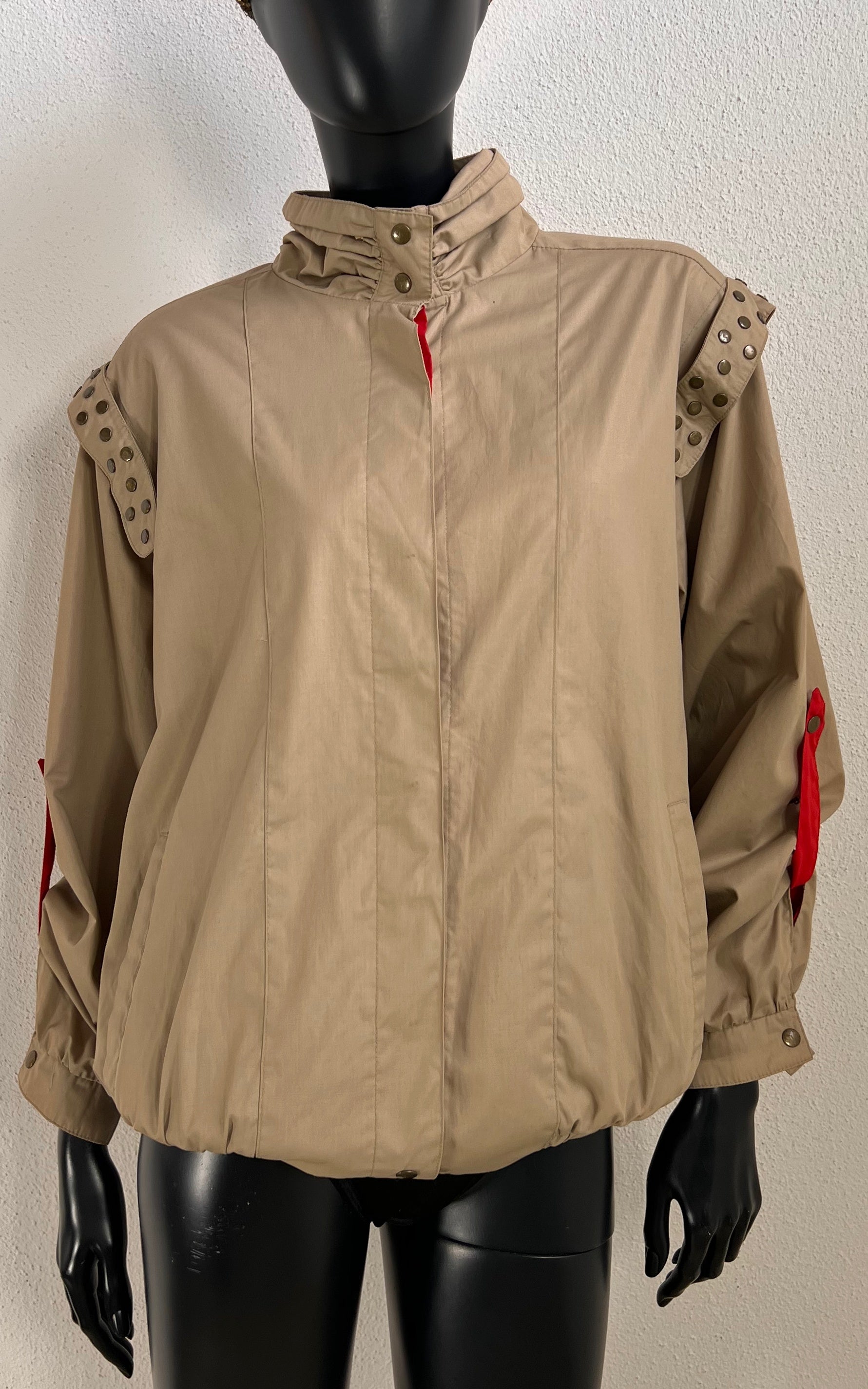 Vintage Beige Studded Jacket with Red Accents