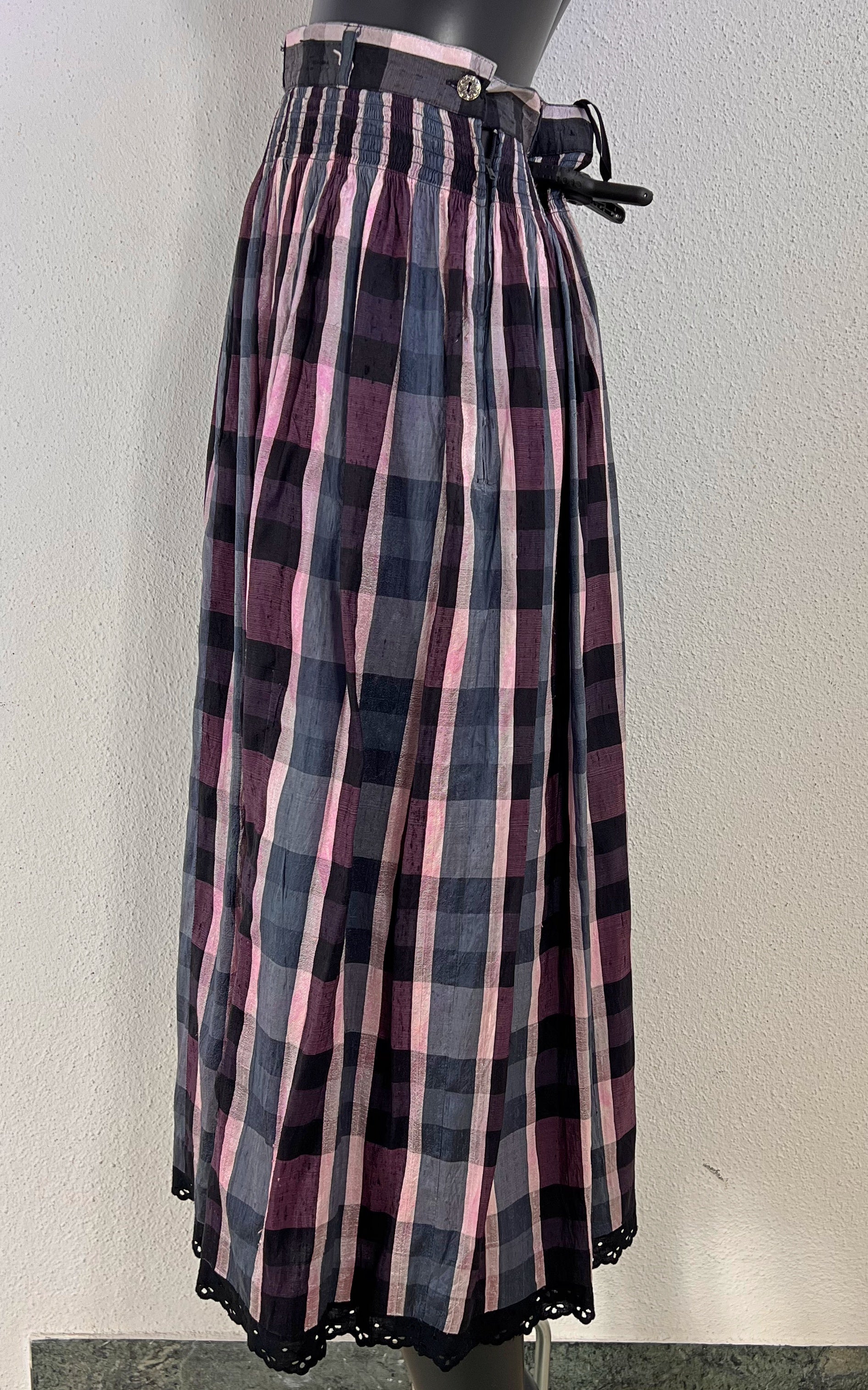 Vintage Checked Silk Skirt with Lace Trim