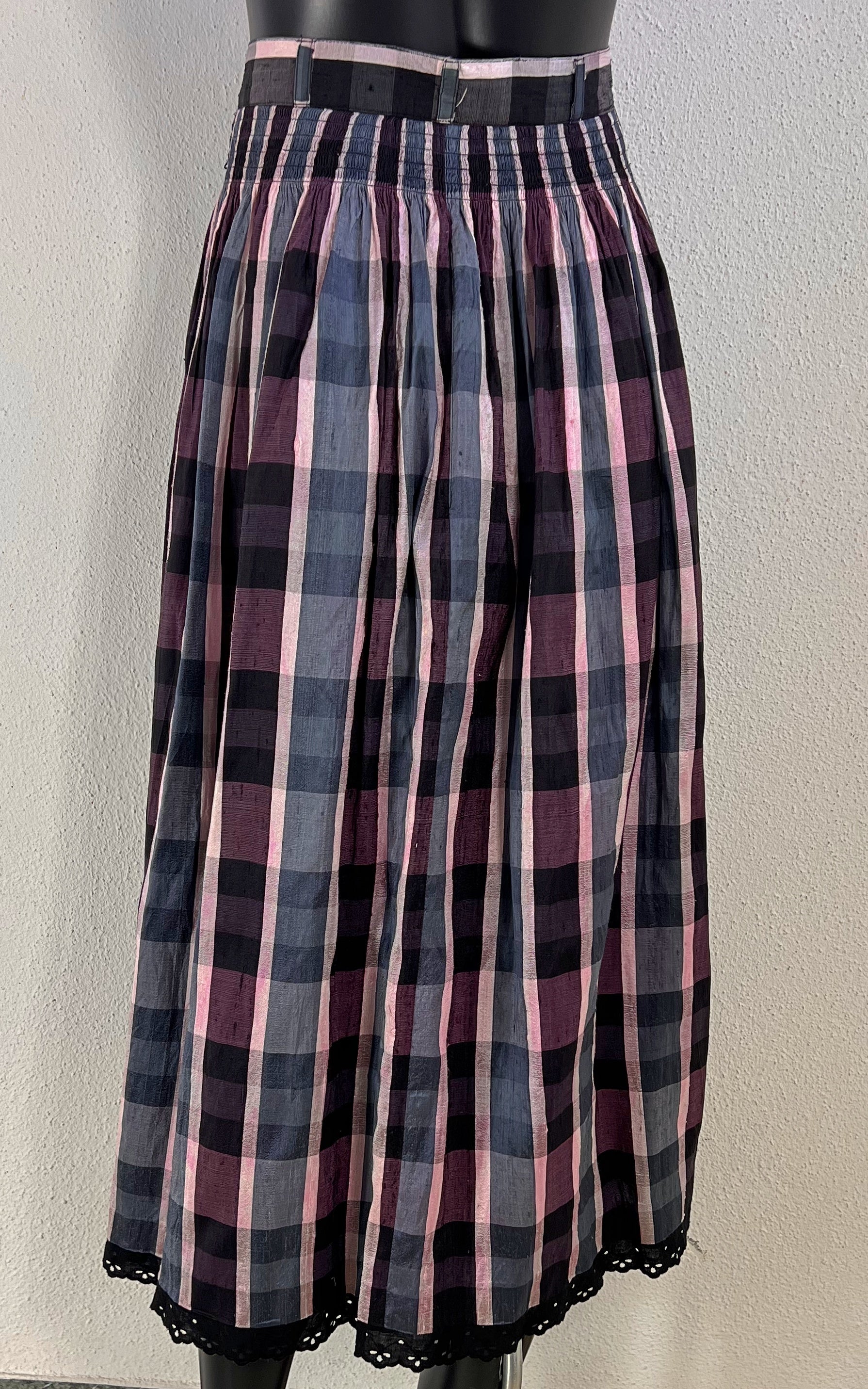 Vintage Checked Silk Skirt with Lace Trim