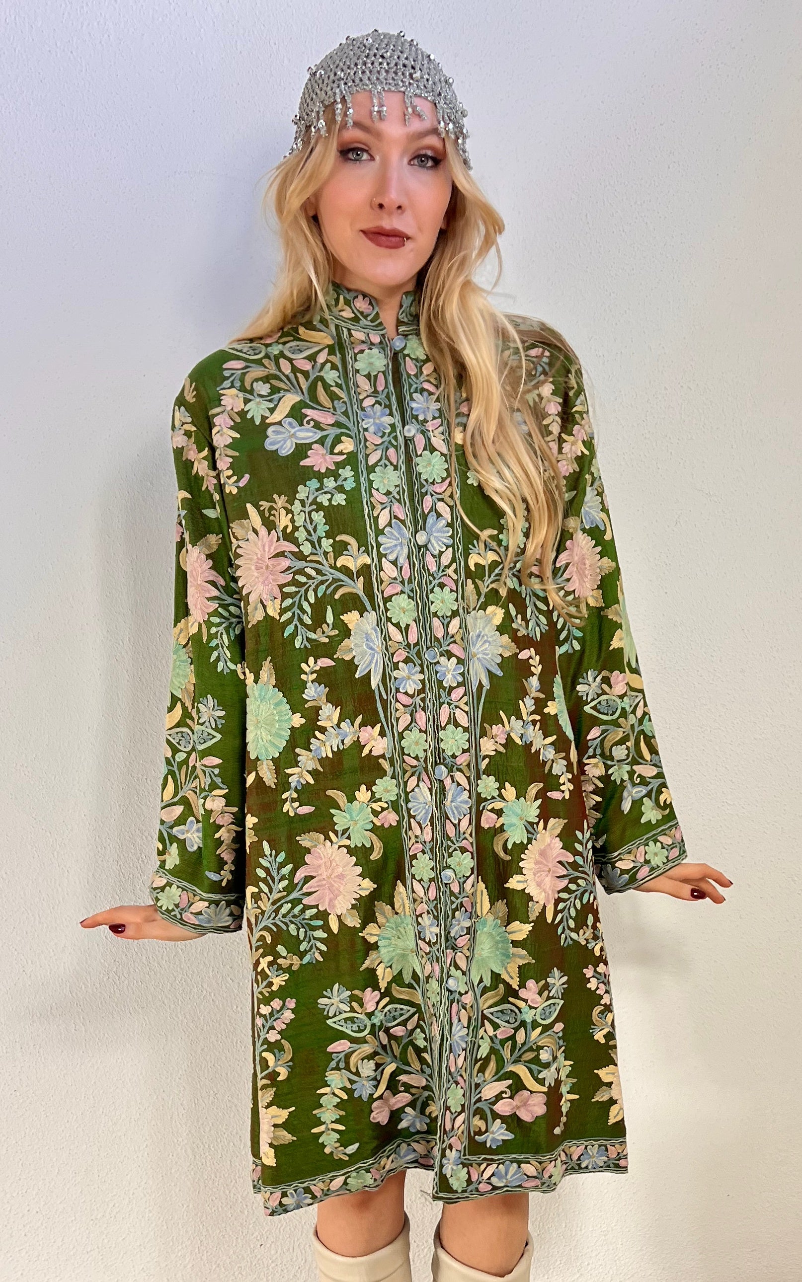 Vintage 70s Floral Silk Embroidered Mini Coat Dress