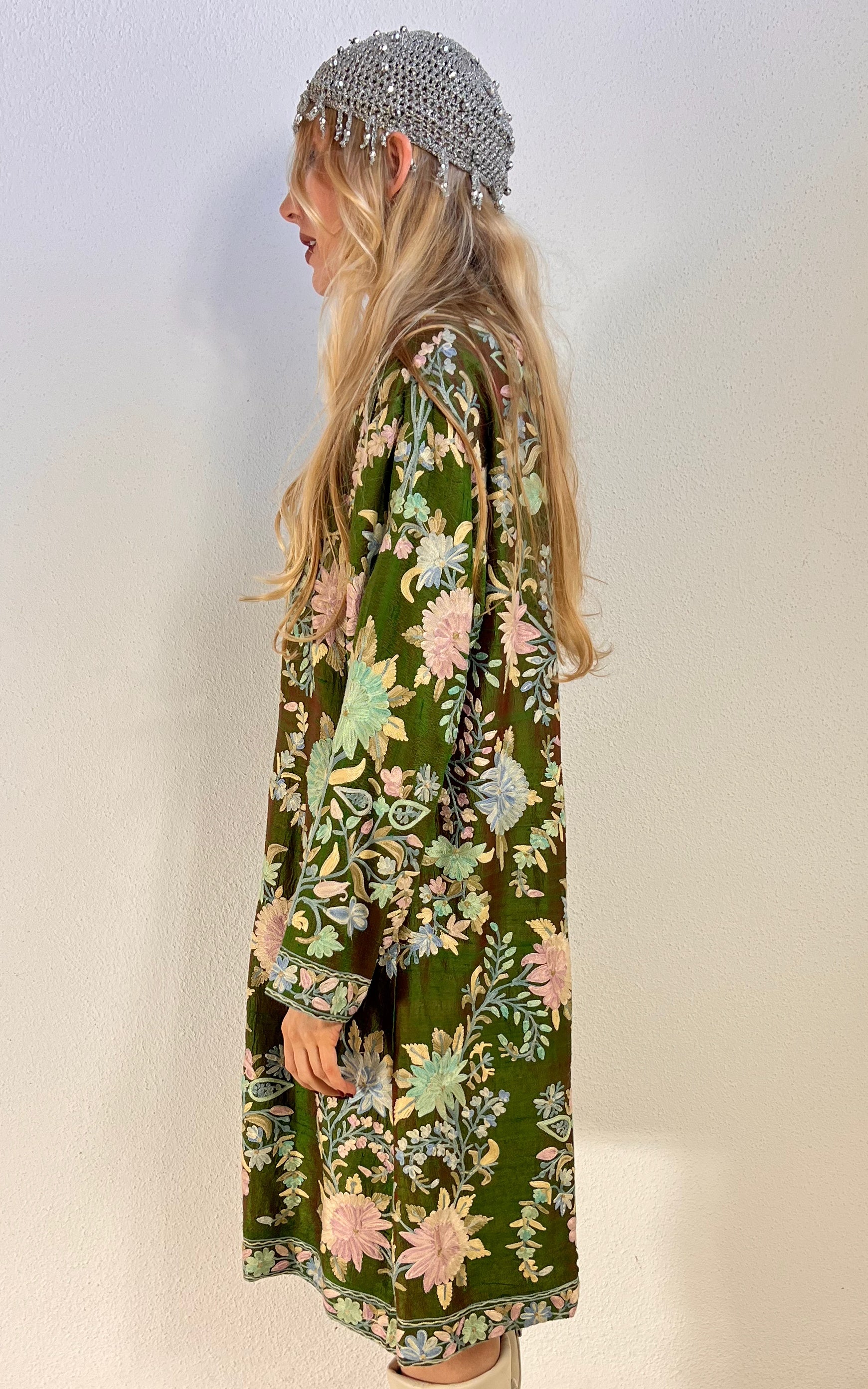 Vintage 70s Floral Silk Embroidered Mini Coat Dress