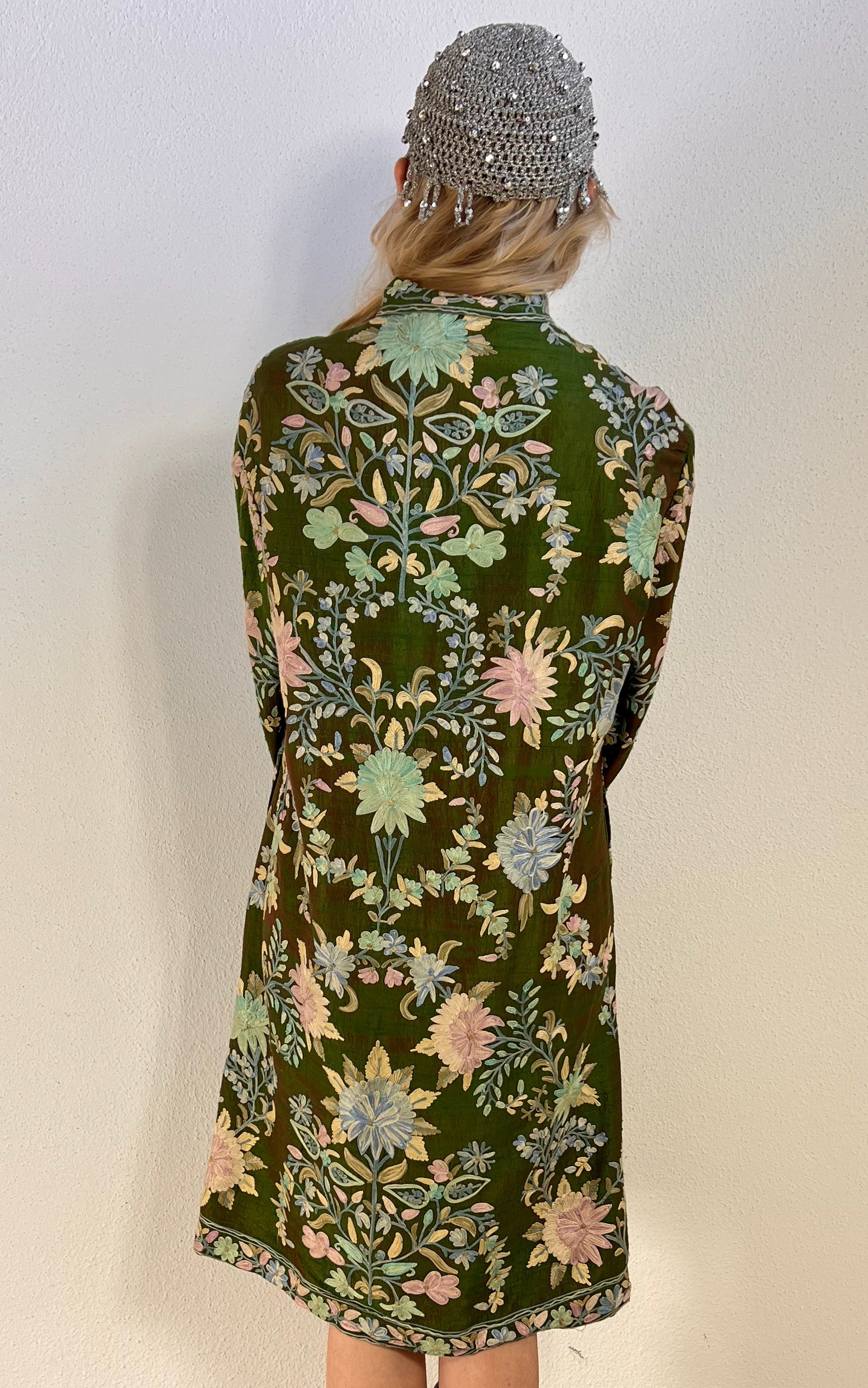 Vintage 70s Floral Silk Embroidered Mini Coat Dress